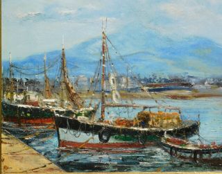 Vintage Harbor Scene,  Oil/canvas,  Mystery Artist,  18 X 22,  Gold Leaf Frame