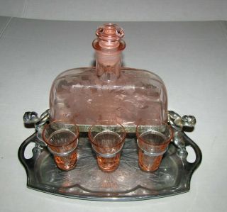 Rare Pink Depression Era Etched Decanter W/6 Shot Glasses On Cherub Metal Stand