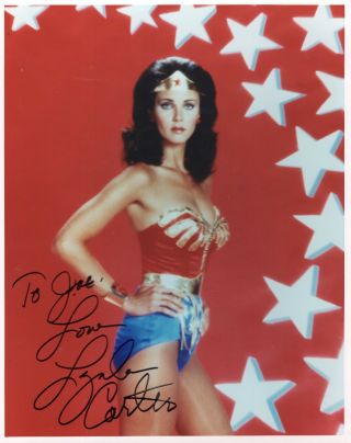 Lynda Carter Hand Signed 8x10 Color Photo Sexy Wonder Woman Pose To Joe