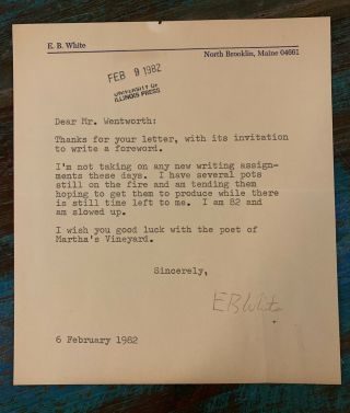 E B White Autograph Letter Signed Very Good