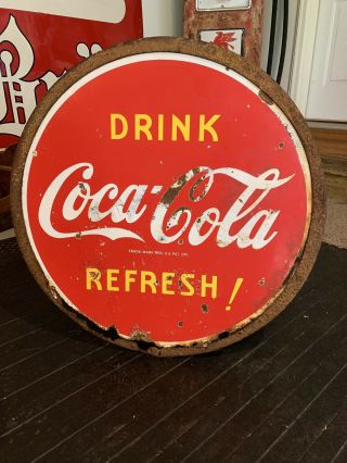 Coca Cola Porcelain Sign Double Sided Curb Sign Lollipop Soda 30” With Ring Dsp
