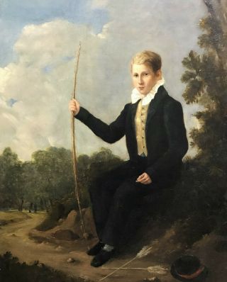 Antique English School Portrait Painting Handsome Young Man Bow Arrow Landscape