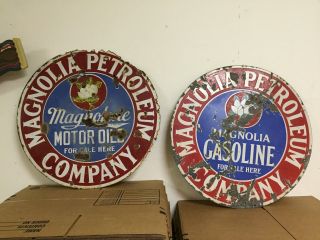 Magnolia Petrolum Gasoline & Oil Double Sided Porcelain Gas Pump Signs 2