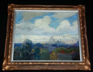 1940s American Oil On Board Painting " City Scene " By Carl William Peters (jos