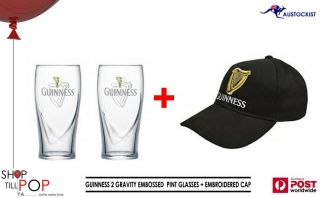 Guinness 2 X Gravity Beer Pint Glasses,  Emboidered Cap Man Cave Dublin