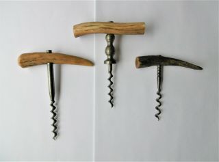 3 Antique Antler Horn Corkscrews - 19 Th Cen One W/ Bulp Chank.