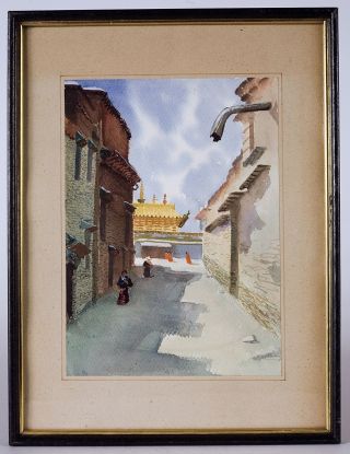 Mid Century Watercolor,  Tibetan Monastery