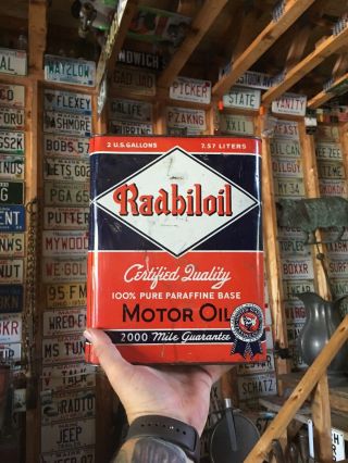 Rare Vintage Radbiloil Motor Oil Can 2 Gallon Oil Gas Garage Automotive