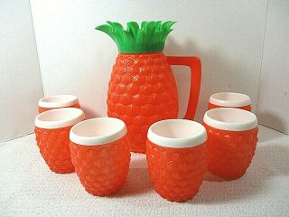 Vintage Minerware 1960s Plastic Pineapple Pitcher 6 Cup Set Tiki Luau Orange