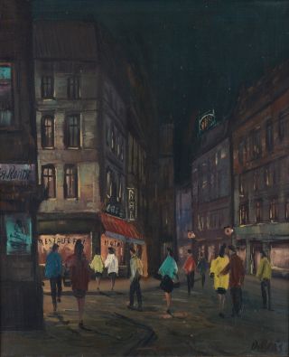 Dubois Paris Street Scene At Night Oil Painting French Impressionist 1950 