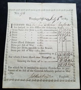 Jedidiah Huntington Promissory Note Signed 1789 Treasury Revolutionary War Pay