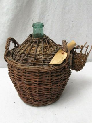 Antique French Green Glass Demijohn Wine Bottle In Wicker Basket 12 " Tall