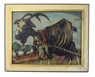 1954 “la Chevre” Mid - Century Abstracted Goat Oil Painting Signed H.  Rey