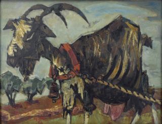 1954 “La Chevre” Mid - Century Abstracted Goat Oil Painting Signed H.  Rey 2