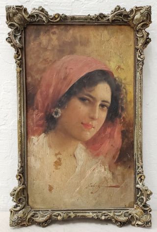 Antique Oil Portrait Of A Young Woman By Eduardo Forlenza C.  1900