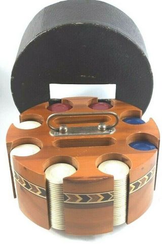 Vintage 1950s Poker Chip Set with Wood Caddy Design & Lid 4