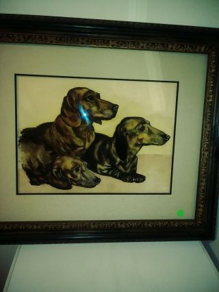 Vtg.  Watercolor Painting Of Hunting Dogs Dachshunds Rare