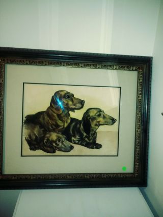 Vtg.  Watercolor Painting of Hunting Dogs Dachshunds RARE 2