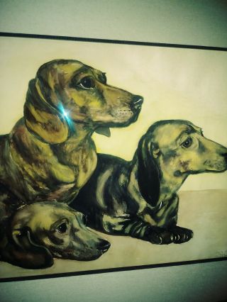 Vtg.  Watercolor Painting of Hunting Dogs Dachshunds RARE 3