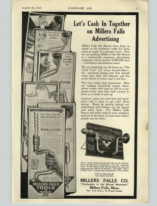 1918 Paper Ad Millers Falls Tools Bit Brace Advertising Signs Store Display