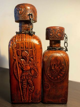 Don Quixote Leather Bound Bottle Set (made In Spain)