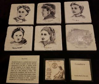 P.  E.  O.  Sisterhood Founders Pen & Ink Portraits Italian Botticino Marble Coasters