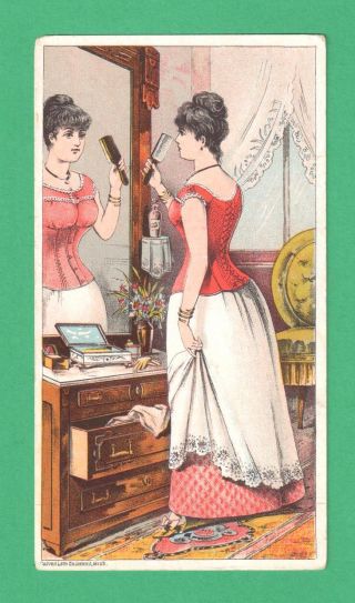 Antique Trade Card Jackson Corset Co.  Michigan Pretty Lady Mirror Hair - Brush