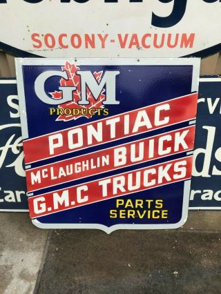 " Pontiac/buick,  G.  M.  C " Large,  Heavy Double Sided Porcelain Dealer Sign (32 " 30 ")