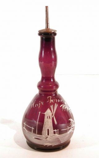 1890s Amethyst Glass Mary Gregory Enamel Decorated Barber Bottle Hair Tonic