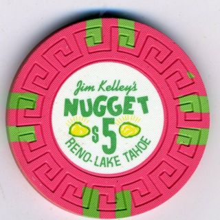 1970s pink $5 chip from Jim Kelley ' s Nugget,  Reno/Lake Tahoe, 2