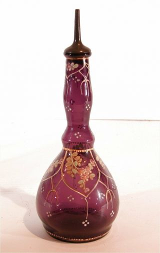 1880s Purple Amethyst Art Glass Enamel Decorated Barber Bottle Hand Blown Pontil