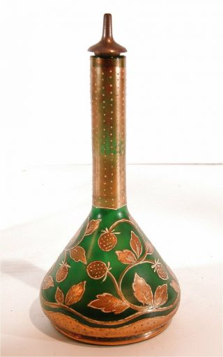 1890s Emerald Green Frosted Art Glass Enamel Decorated Barber Bottle Open Pontil