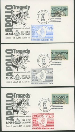 1967 Apollo 1 As - 204 " Fire In Spacecraft " Set Of Three Covers.  Very Scarce.