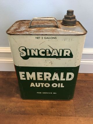 Antique Vintage Green White Sinclair Emerald Auto Oil 2 Gallon Can W Lid Top Gas