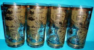 Cora Cera Old World Nautical Map Gold Hi Ball Bar Glasses Vintage Set Of 4
