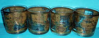 Cora Cera Old World Nautical Map Gold Mid Century Bar Glasses Vintage Set Of 4