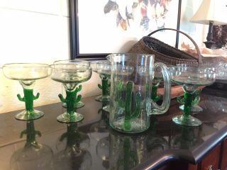 Hand Blown Glass Margarita Set Green Cactus Pitcher & 8 Glasses Cocktail Mexico