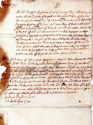 1701,  Dartmouth,  Mass; Seth Pope Appeal Against Maj.  Benjamin Church,  John Cary