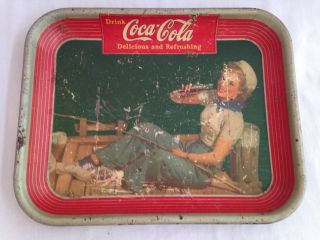 Vintage 1940 Coca Cola Serving Tray Sailor Girl Fishing On Dock W/ Coke Antique