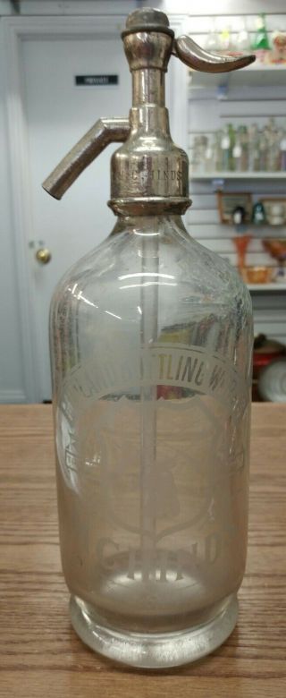 Antique M.  C.  Hinds Midland Bottling Orilla Ont.  Clear Soda Siphon