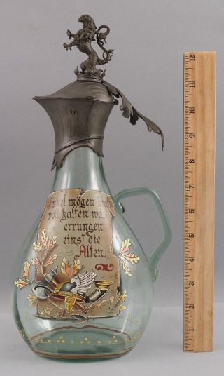 Antique German Blown Glass,  Pewter Helmet Enamel Painted Liquor Decanter Pitcher