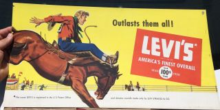 Large 1850 - 1950 Levi’s Denim Overalls Trolley Poster W/ Rodeo Cowboy Big E Jeans