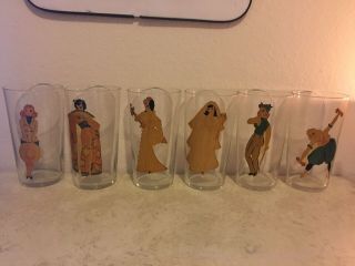 Six Vintage Risque Peek A Boo Nude Pin Up Ghirl Woman Drinking Glasses