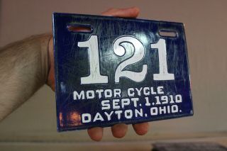 Set 1 1910 Dayton Ohio Motorcycle 121 Porcelain Metal License Plate Harley Gas