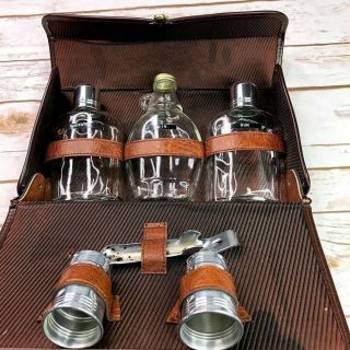 Vintage Retro Leather Travel Bar Set: W/3 Bottles,  An Opener,  And Two Shot Cups