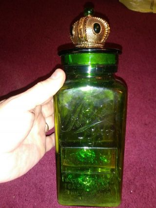Fantastic Finley Acker Tea Green Glass Jar Gold Gilt Crown Lid 11 "