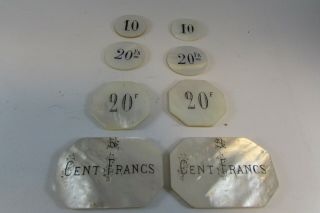 Vintage Antique French 8 Monogrammed Mother Of Pearl Casino Gambling Chips