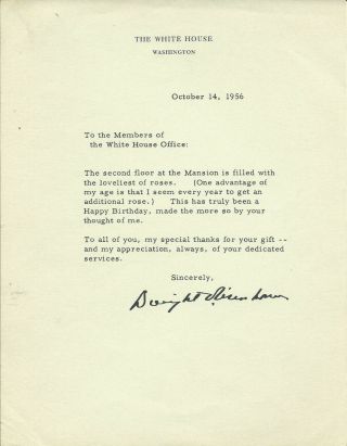 Dwight Eisenhower 1956 Signed White House Letter To The White House Office