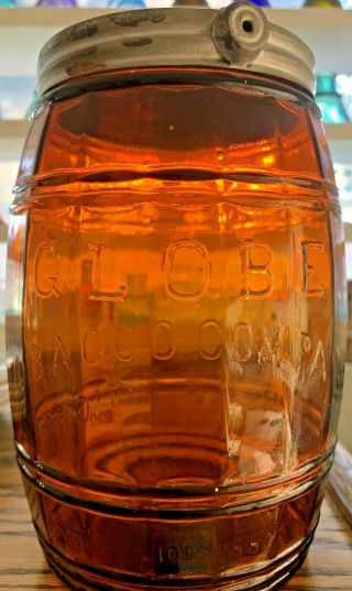 Old Honey Amber Globe Tobacco Co.  Detroit Pat Oct 10 1882 Jar Barrel W/lid