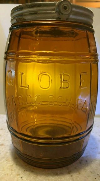 old honey Amber Globe Tobacco Co.  Detroit Pat Oct 10 1882 Jar Barrel w/Lid 7